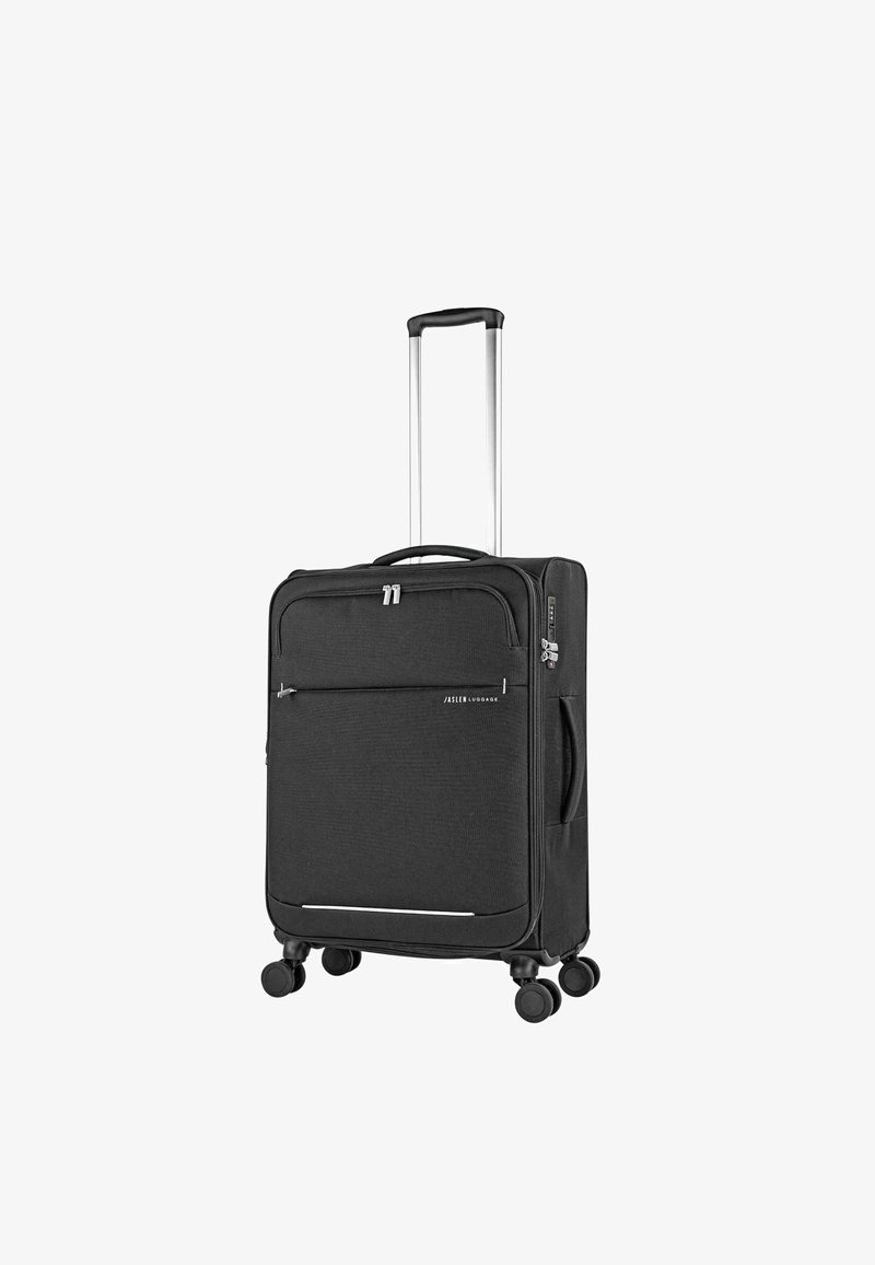 Maleta negra con dos cremalleras plateadas, múltiples ruedas y un asa retráctil. Fabricada con tela duradera de textura suave.