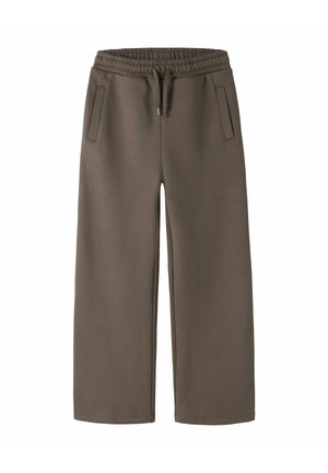 Pantalon de jogging marron à jambes larges avec taille élastique et cordon, avec deux poches latérales, présenté sur fond blanc.