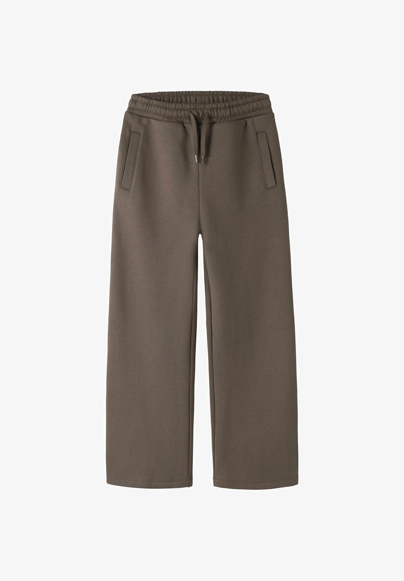 Pantalon de jogging marron à jambes larges avec taille élastique et cordon, avec deux poches latérales, présenté sur fond blanc.