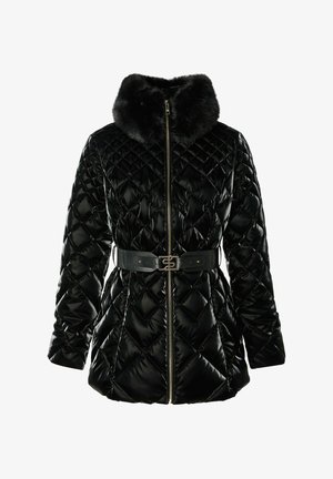 Črn prešiten jakna z umetnim krznom, pasom in zadrgo; sijajna zaključna obdelava z diamanti vzorcem.