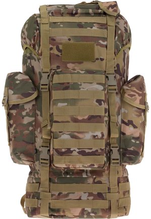 Camouflage backpack featuring multiple pockets, adjustable straps, and a top flap. Constructed from durable fabric with a textured surface.