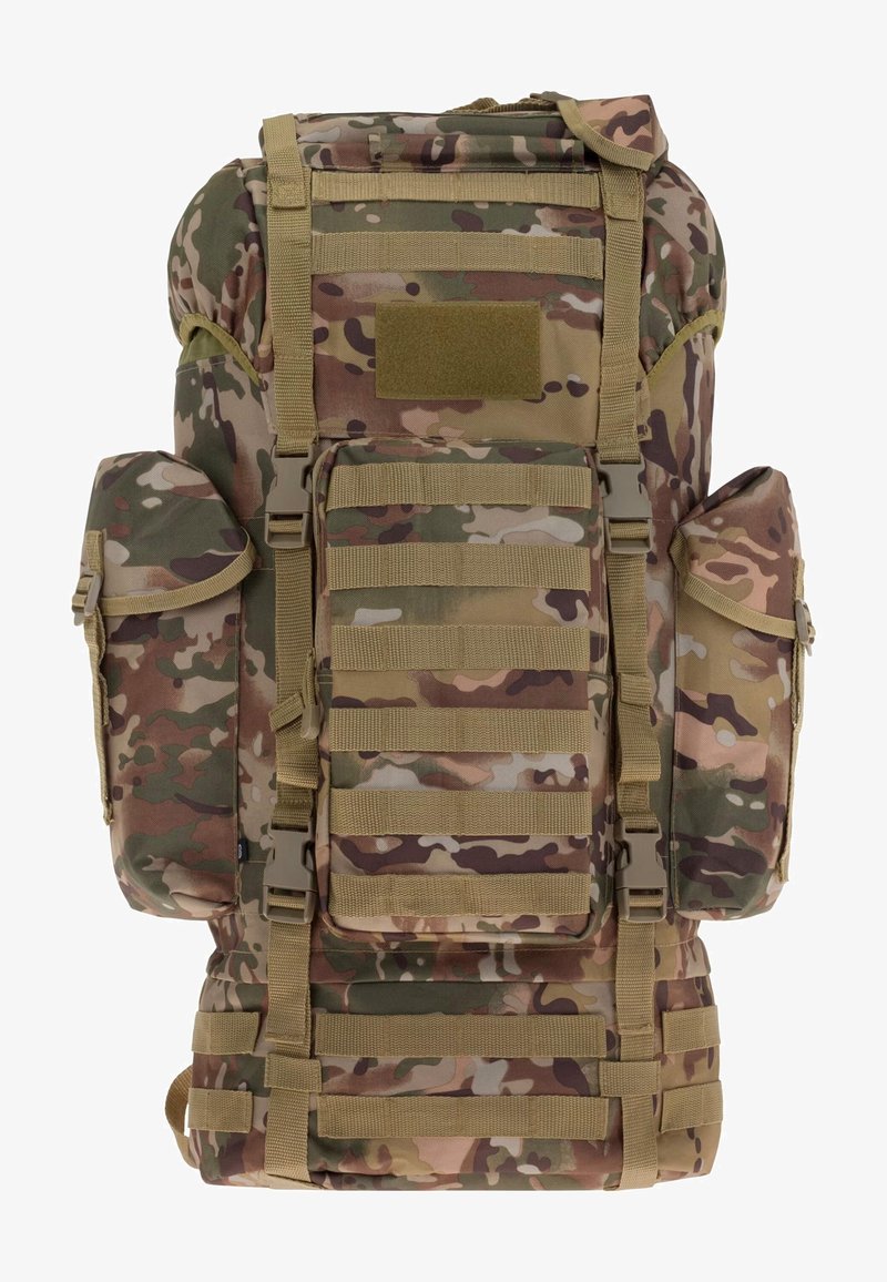 Sac à dos camouflage avec plusieurs poches, sangles ajustables et un rabat supérieur. Confectionné en tissu durable avec une surface texturée.
