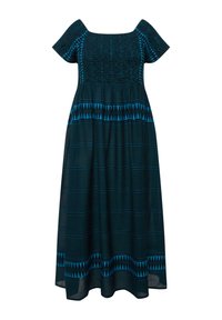Pitkä, hyvin istuva mekko, jossa on neliömäinen kaula-aukko, lyhyet hihnat ja tumman tealinen kangas, jossa on sinisiä geometrisia kuvioita ja tekstuuriviimeistelyä.