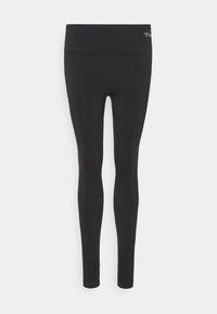 Czarnie, dopasowane legginsy bezszwowe z szerokim pasem i małym logiem na górnym lewym boku.