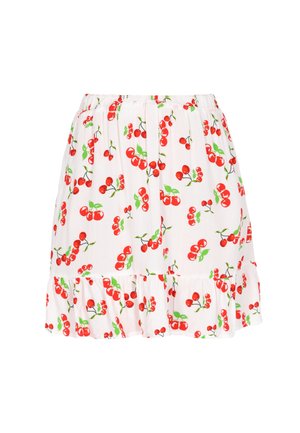 Falda de algodón blanca con un estampado de cerezas rojas y hojas verdes, con una cintura elástica y un dobladillo con volantes para mayor textura.