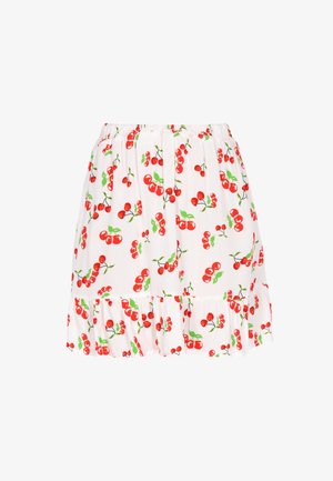 Falda de algodón blanca con un estampado de cerezas rojas y hojas verdes, con una cintura elástica y un dobladillo con volantes para mayor textura.