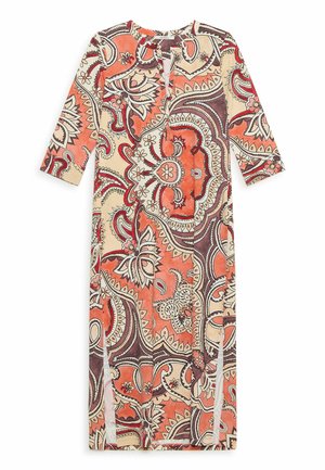 Robe maxi à manches longues avec fentes sur les côtés, présentant un motif floral cachemire orange, beige et marron, et une petite fente arrondie au niveau du col.