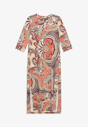 Abito maxi a maniche lunghe con spaccature laterali, caratterizzato da un motivo floreale paisley arancione, beige e marrone e una piccola apertura rotonda sul collo.