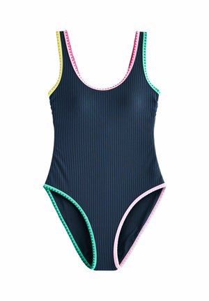 Tumesinine soonikuga üheosaline ujumistrikoo, mille servades ja rihmades on roosade, roheliste ja kollaste mitmevärviliste laineliste ääristega.