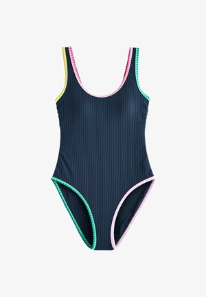 Granatowy prążkowany jednoczęściowy strój kąpielowy z wielokolorową, falistą lamówką w różowym, zielonym i żółtym kolorze wzdłuż krawędzi i pasków.