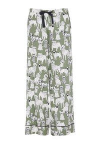 Pyjamabroek van olijfgroene stof met een herhalend patroon van verschillende hondenrassen in zwart en wit, met een zwarte trekkoord en afwerking.