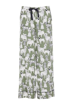 Pajama pants in olive green fabric featuring a repeating pattern of various dog breeds in black and white, with a black drawstring and trim.