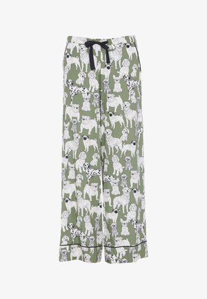 Pajama pants in olive green fabric featuring a repeating pattern of various dog breeds in black and white, with a black drawstring and trim.