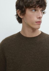 Maglione marrone in lana con scollo a girocollo, caratterizzato da una finitura testurizzata e un motivo uniforme. Il tessuto sembra morbido e accogliente.