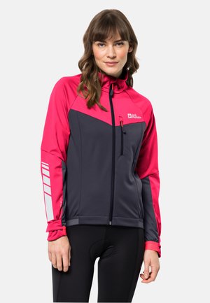 Women's athletic jacket in pink and dark gray, with a zip front, high collar, and reflective accents on sleeves. Made from stretch fabric.