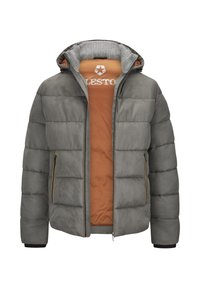 Graue gepolsterte Jacke mit weicher Textur, orangefarbenem Innenfutter, seitlichen Taschen mit Reißverschlüssen und steigendem Kragen.