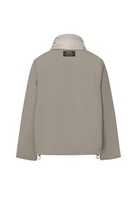 Helle beige Jacke mit einem hohen Kragen, langen Ärmeln und geradem Schnitt. Verfügt über ein schwarzes Markenlabel auf der Rückseite. Glatte Textur.