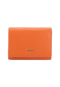 Orange leather wallet with a textured finish, featuring a logo on the front and a compact, rectangular design.
