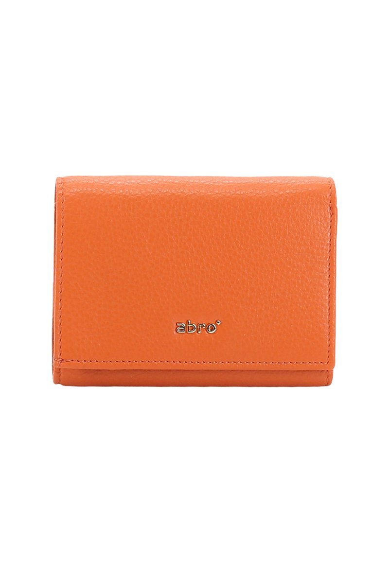 Orange leather wallet with a textured finish, featuring a logo on the front and a compact, rectangular design.