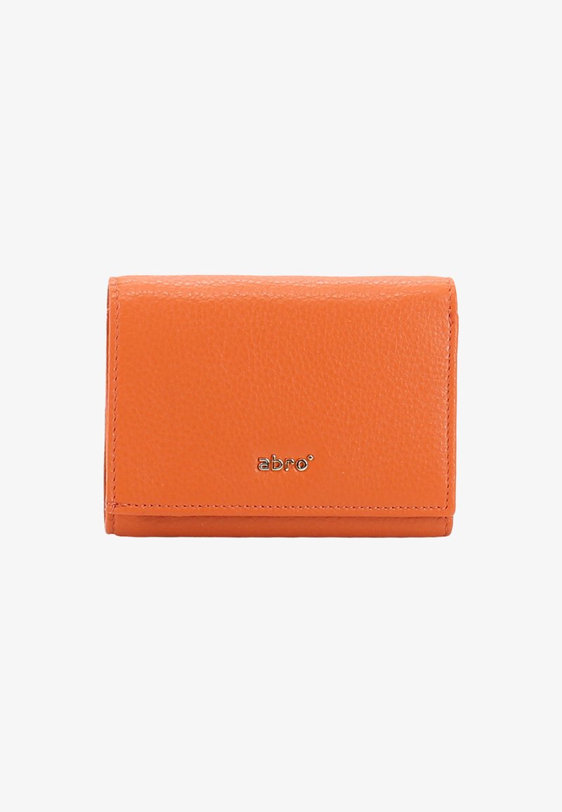 Orange leather wallet with a textured finish, featuring a logo on the front and a compact, rectangular design.