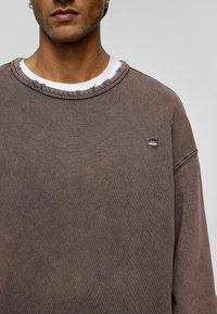 Bruine oversized sweatshirt met rafelige kraag, zichtbare stiksels en een klein gaatje aan de voorkant. Gelaagd over een wit shirt.