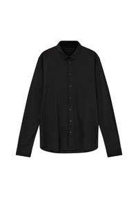 Cămașă neagră cu mâneci lungi, fabricată dintr-un material neted, cu guler tradițional, închidere cu butoane în față și tiv rotund.