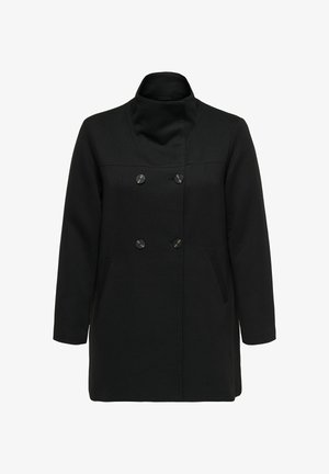 Cappotto in misto lana nero con colletto alto, bottoni doppi, tasche laterali e una linea dritta, caratterizzato da una finitura texturizzata.
