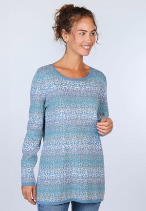 Langärmliger Pullover in sanftem Blauverlauf, mit einem floralen Muster in helleren Nuancen, Rundhalsausschnitt und gerippten Bündchen.
