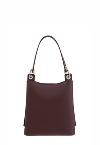 Bordowa skórzana torebka o strukturalnym designie, z pojedynczym uchwytem i srebrnymi akcentami na bokach.