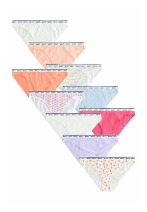 Zehn Bikinihöschen für Damen in Pastell- und leuchtenden Farben mit elastischen Bundabschlüssen, gebrandet mit "NEXT", in diagonaler Anordnung auf weißem Hintergrund dargestellt.
