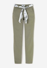 Olive green slim-fit pants with front pockets and a white patterned fabric belt tied at the waist.