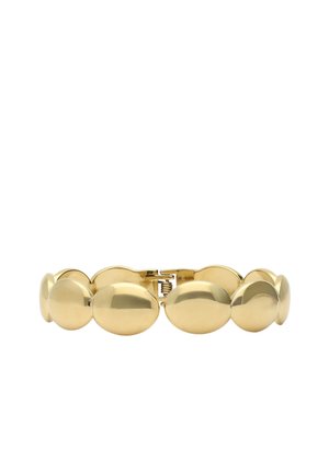 Pulsera de oro compuesta por eslabones ovalados lisos conectados por un cierre oculto sobre un fondo blanco.