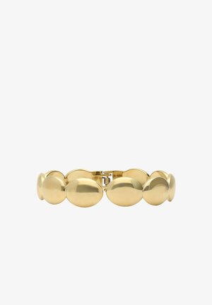 Pulsera de oro compuesta por eslabones ovalados lisos conectados por un cierre oculto sobre un fondo blanco.