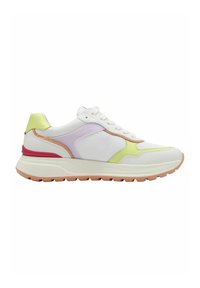 Weiße Sportschuhe mit pastellfarbenen Akzenten in Grün, Lavendel und Pink. Sie verfügen über ein strukturiertes Obermaterial, eine gepolsterte Sohle und ein Schnürsenkeldesign.