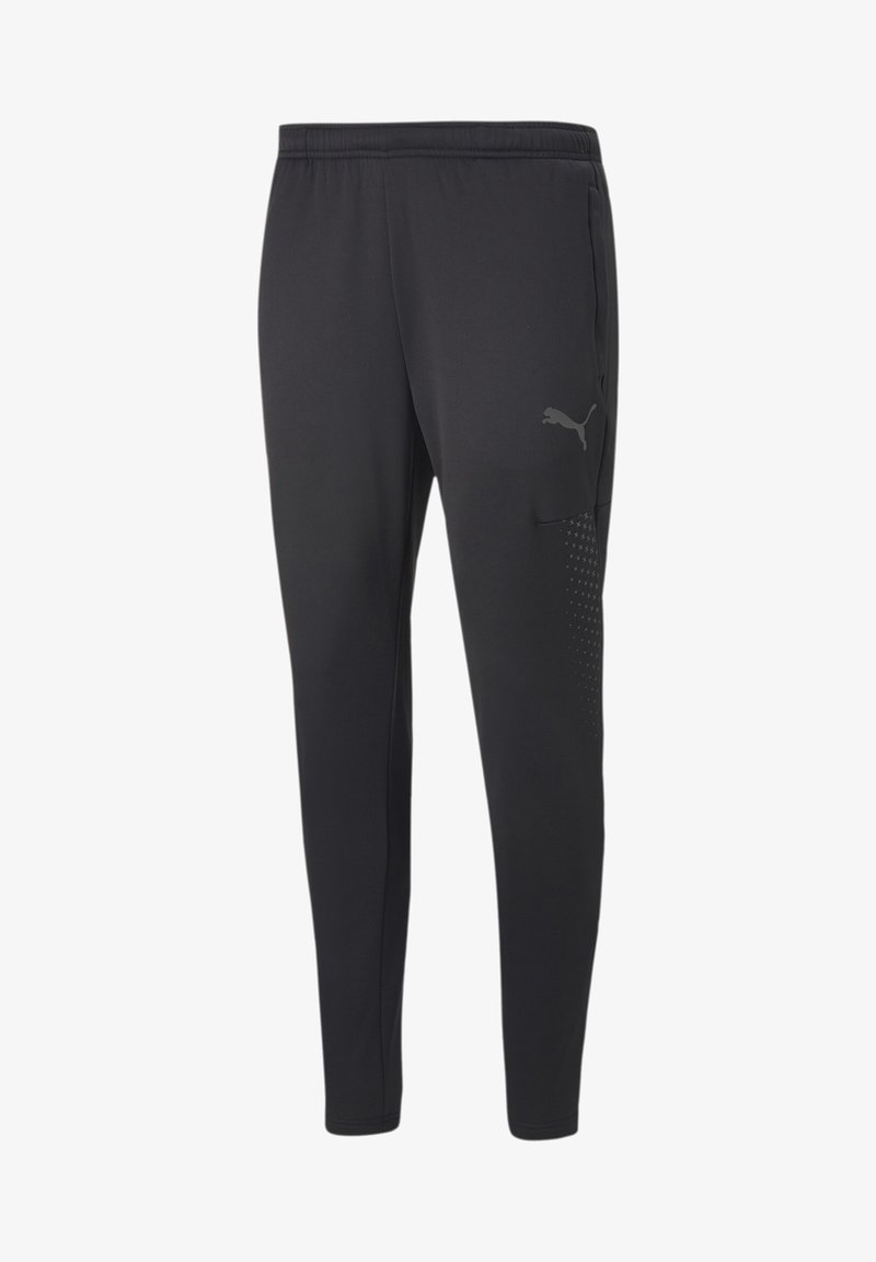 Pantalons de sport noirs avec une taille élastique, poches latérales, texture lisse et un logo. Présente un motif sur un côté.