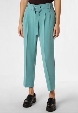 Aqua-colored, pleated trousers with a wide waistband and belt featuring a silver buckle. Tailored fit and smooth fabric texture.