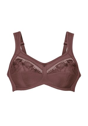 Bruine beha met florale kantaccenten, brede bandjes en beugels. Beschikt over doorschijnende delen met een subtiele glans en stevige cups voor ondersteuning.