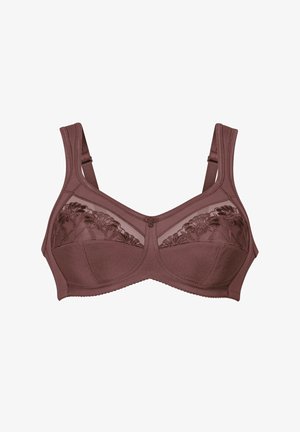 Bruine beha met florale kantaccenten, brede bandjes en beugels. Beschikt over doorschijnende delen met een subtiele glans en stevige cups voor ondersteuning.