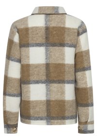 Hnědá a krémová kostkovaná vlněná košile-jacket s límečkem, dlouhými rukávy a zapínáním na knoflíky. Vzor obsahuje šedé akcenty.