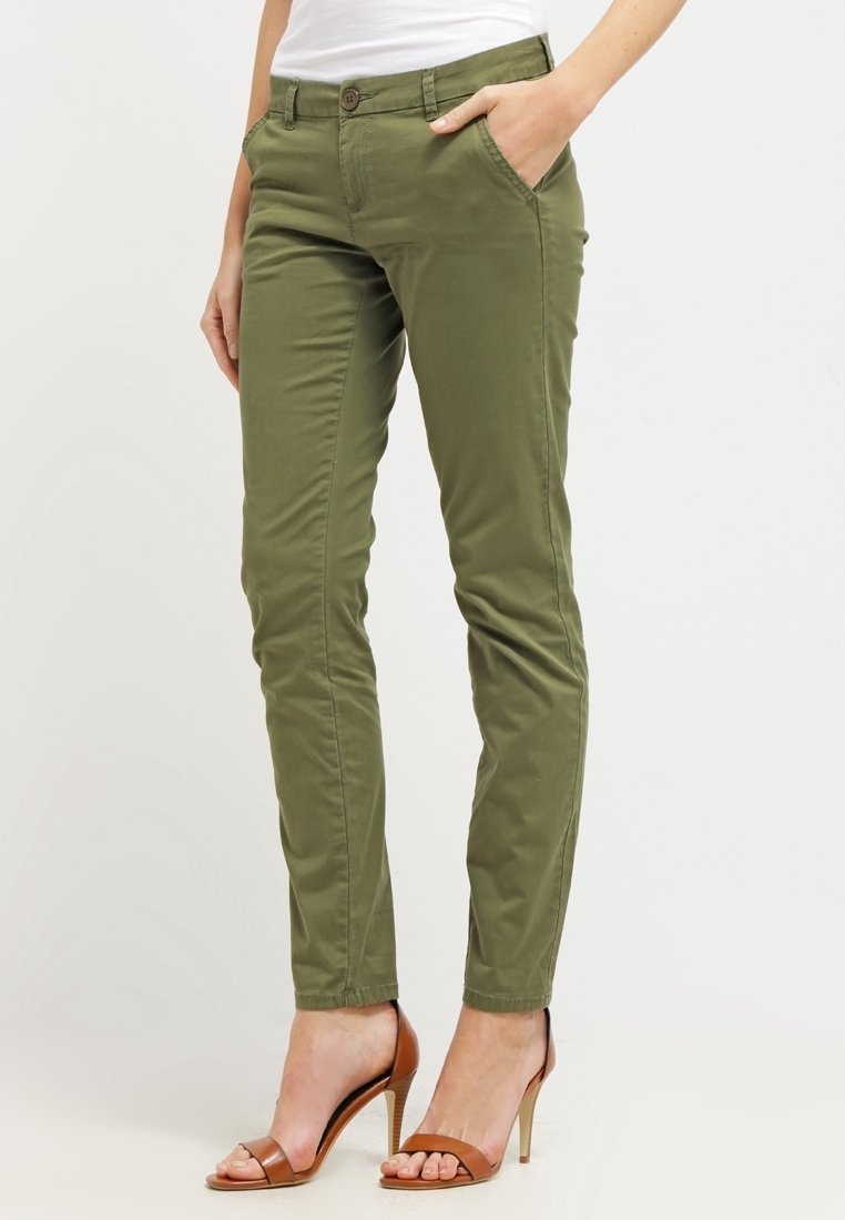 Olive green, tapered chinos made from cotton blend fabric, featuring front pockets, a button closure, and slim fit design.
