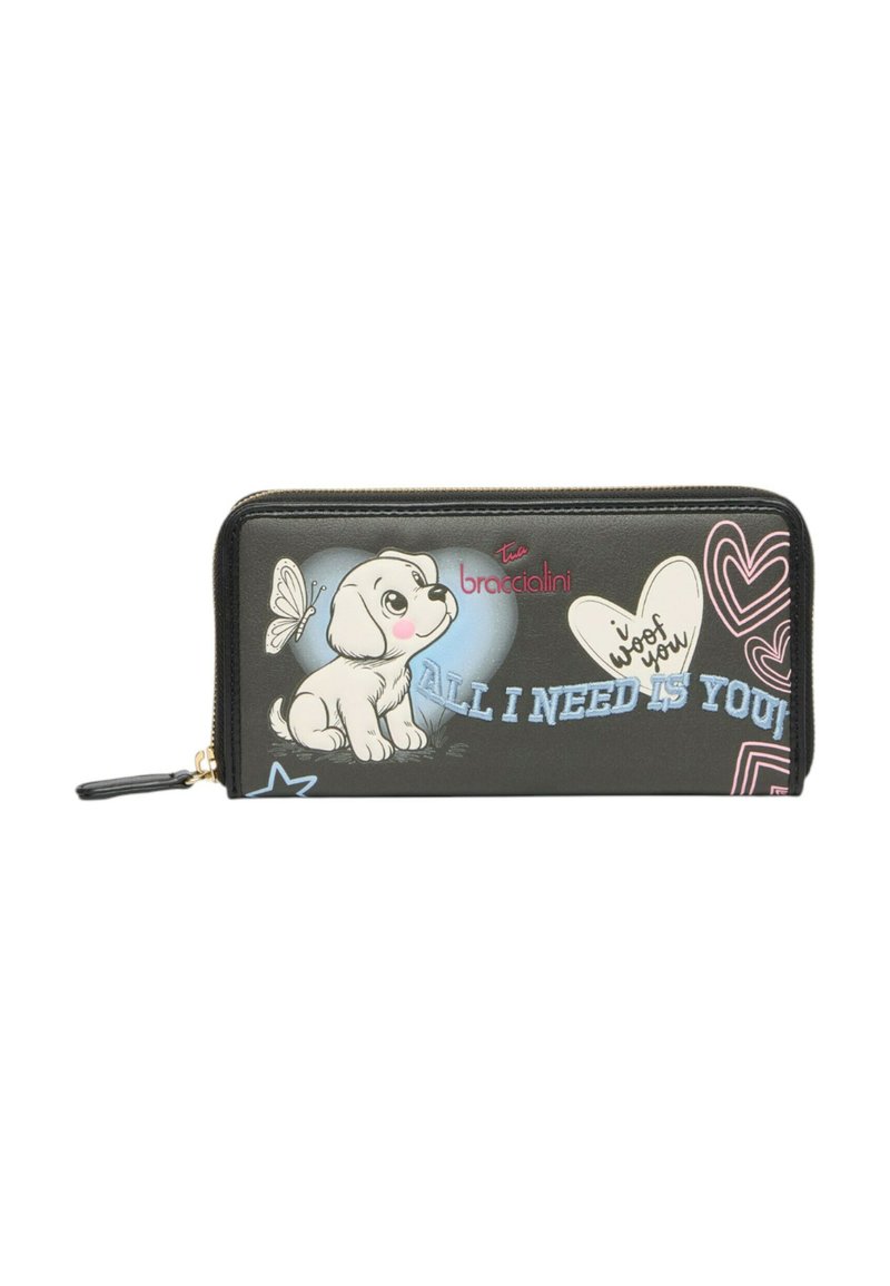 Portafoglio nero con cerniera con cucciolo dei cartoni animati, farfalla, cuori e testo "Ti abbaio" e "Tutto ciò di cui ho bisogno sei tu" sul davanti.