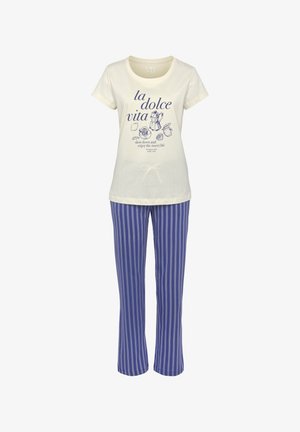 T-shirt crème à manches courtes avec texte et graphiques imprimés en bleu. Associé à un pantalon large à rayures bleues et blanches. Tissu en mélange de coton.