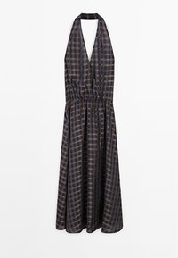Halterneck dress in a brown and blue check pattern, with a deep V-neck, elastic waistband, and flowing skirt. Made from lightweight fabric.