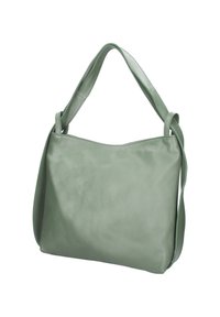 Groene leren handtas met een zachte textuur, ruime body en twee stevige schouderbanden. Beschikt over een naadloos ontwerp en minimale hardware.