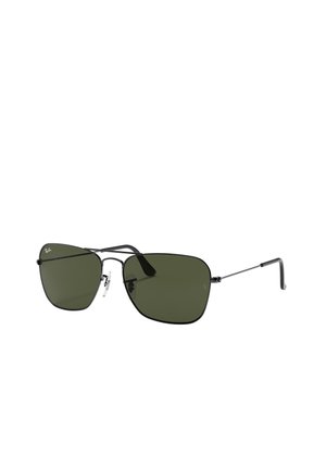 Occhiali da sole Ray-Ban con montatura in metallo nera, lenti verdi e forma geometrica, dotati di aste sottili e naselli regolabili.