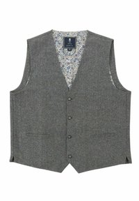 Gray wool vest with five buttons, notch lapels, and two front pockets. Floral-patterned lining visible at the neckline.