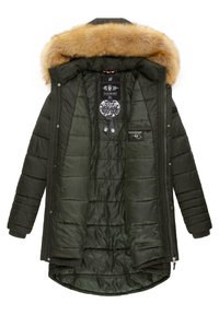 Zeleni puffer kaput s odvojivom krznom kapuljačom, quilted tekstura, prednje zatvaranje na zip i unutarnji detalji s brandom.
