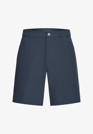 Marineblauwe short van lichtgewicht stof met een glad oppervlak, een knoopsluiting en twee steekzakken aan de voorkant.