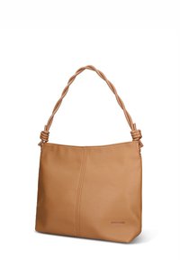 Handtas van cognackleurig leer met een getextureerd oppervlak, voorzien van een gevlochten band en afgeronde vorm. Heeft een centrale naad en subtiele branding.