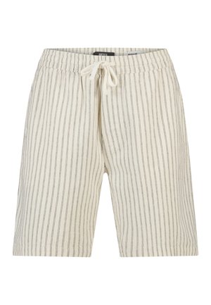 Beige Shorts mit dünnen vertikalen schwarzen Streifen, elastischem Bund und weißem vorderseitigem Kordelzug.